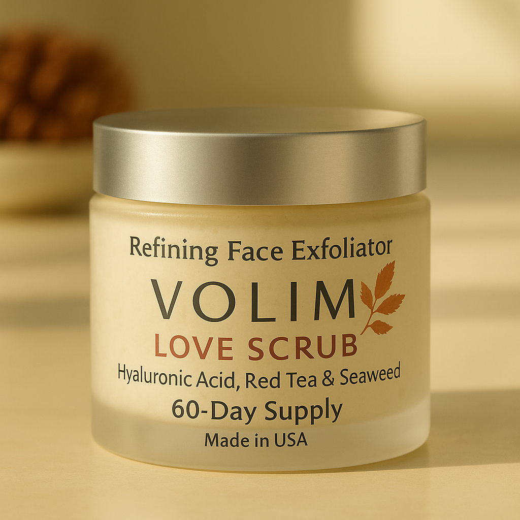 Un tarro de 'Refining Face Exfoliator' de VOLIM con las palabras 'LOVE SCRUB' en la etiqueta, indicando que contiene ácido hialurónico, té rojo y algas, y que es un suministro para 60 días. El producto está fabricado en EE.UU.